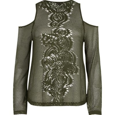Khaki mesh flare sleeve cold shoulder top